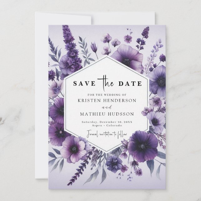 Reserve A Data Casamento Floral Mínimo De Roxo Botânico (Frente)