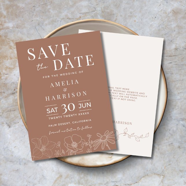 Reserve A Data Casamento Floral Mocha Brown Elegant (Save the Date in Mocha Mousse with Delicate Floral Line Art )