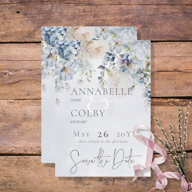 Reserve A Data Casamento Floral Moderno Azul e Branco (Criador carregado)