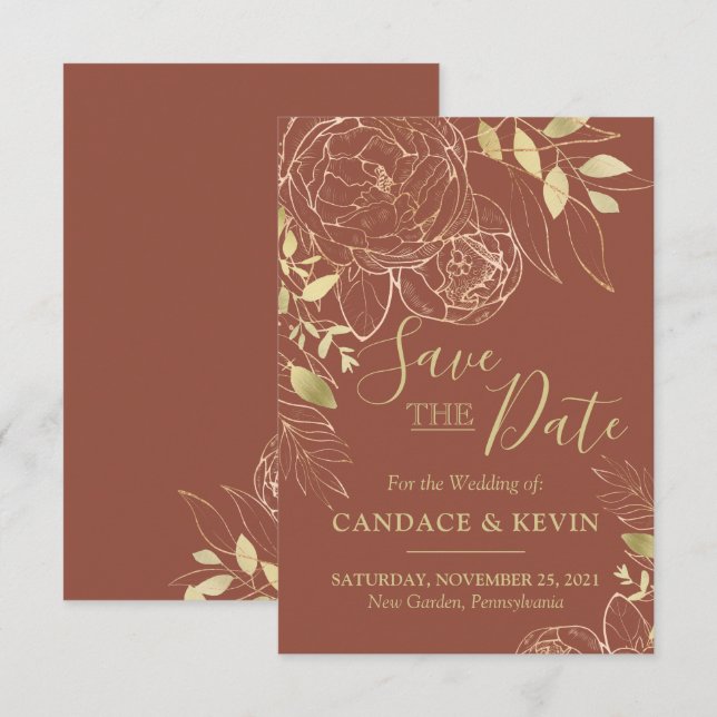 Reserve A Data Casamento Floral Moderno de Peônia Terracota & Dou (Frente/Verso)