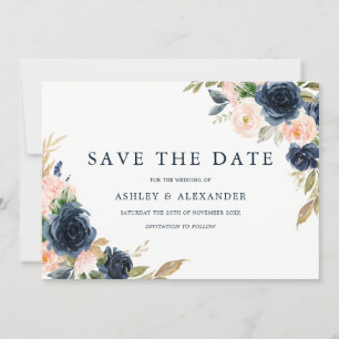 Reserve A Data Casamento Floral Moderno Elegante Bege Azul-Marinh