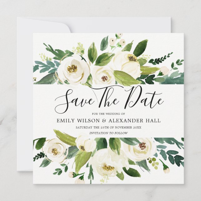 Reserve A Data Casamento Floral Moderno em Branco Creme Champanhe (Frente)