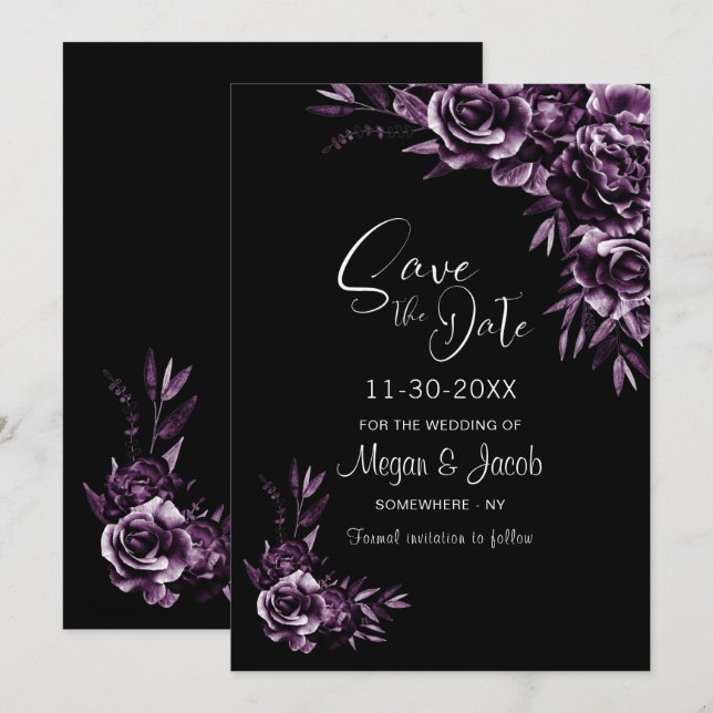 Reserve A Data Casamento Floral Moody Black and Purple (Frente/Verso)