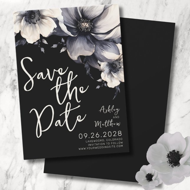 Reserve A Data Casamento Floral Negro Elegante (Script Modern Elegant Floral Black White Wedding Save The Date)