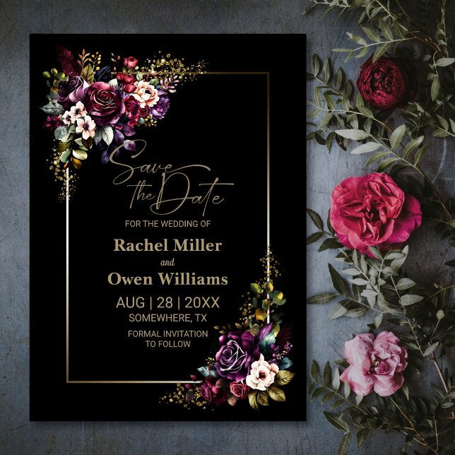 Reserve A Data Casamento Floral Negro Púrpura da Elegante (Criador carregado)