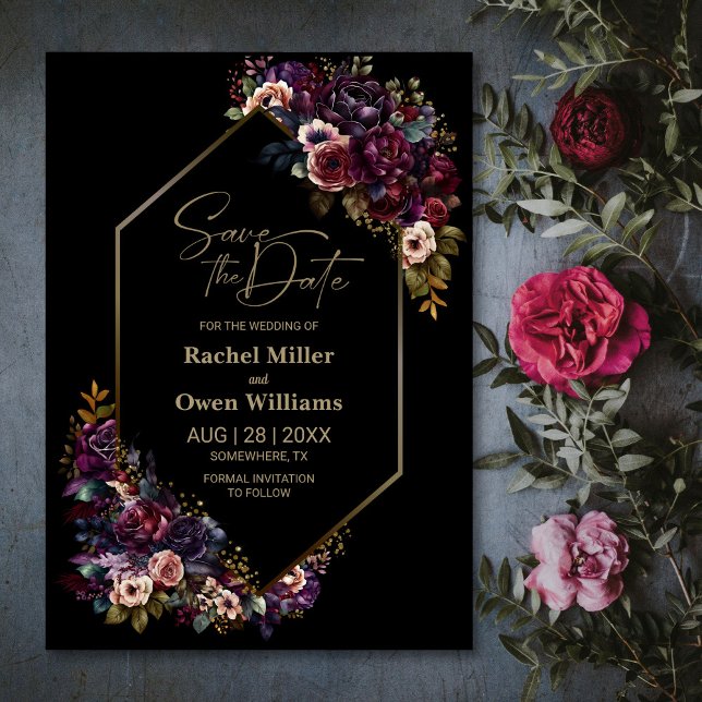 Reserve A Data Casamento Floral Negro Roxo Moderno (Criador carregado)