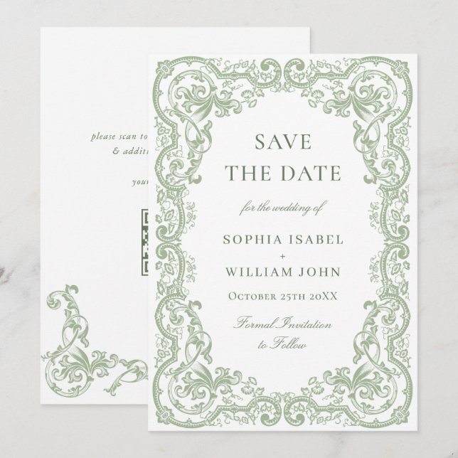 Reserve A Data Casamento Floral Ornate Renascença Verde Sálvia (Frente/Verso)