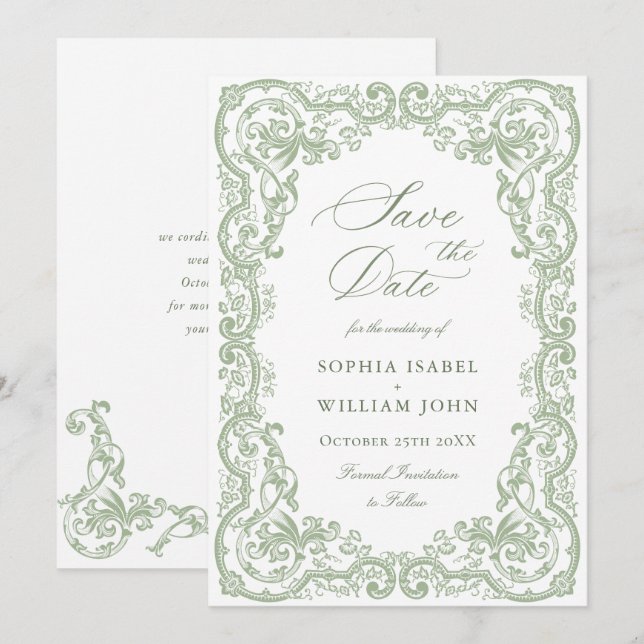 Reserve A Data Casamento Floral Ornate Renascença Verde Sálvia (Frente/Verso)