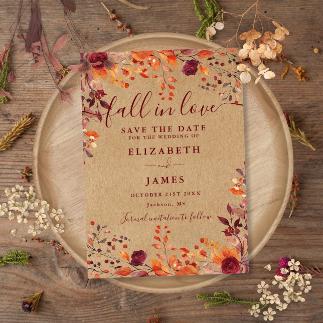 Reserve A Data Casamento Floral Outonal Rústico Kraft (Rustic Kraft Fall Autumnal Floral Wedding Save The Date)