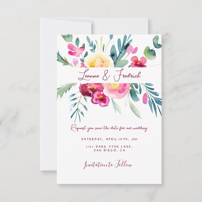 Reserve A Data Casamento floral personalizado em aquarela rosa e  (Frente)