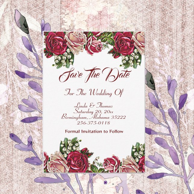 Reserve A Data Casamento Floral por País, Rosas Russos Vermelhos  (Burgundy Red Rustic Roses Floral Country Wedding Save The Date)
