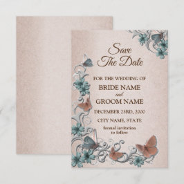 Reserve A Data Casamento Floral Prata Verde-Cinza Cobre Borboleta