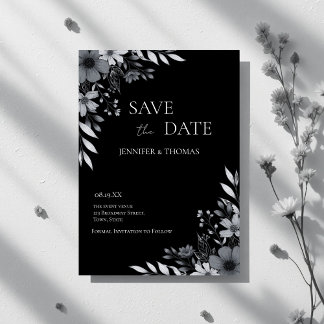 Reserve A Data Casamento Floral Preto e Branco Elegante Desenhado
