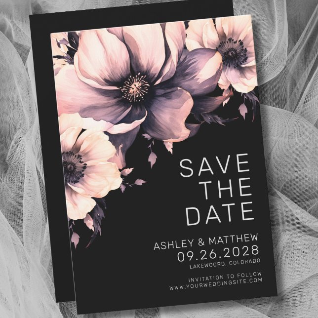 Reserve A Data Casamento Floral Preto e Rosa (Botanical Modern Elegant Black Pink Floral Wedding Save the Date)