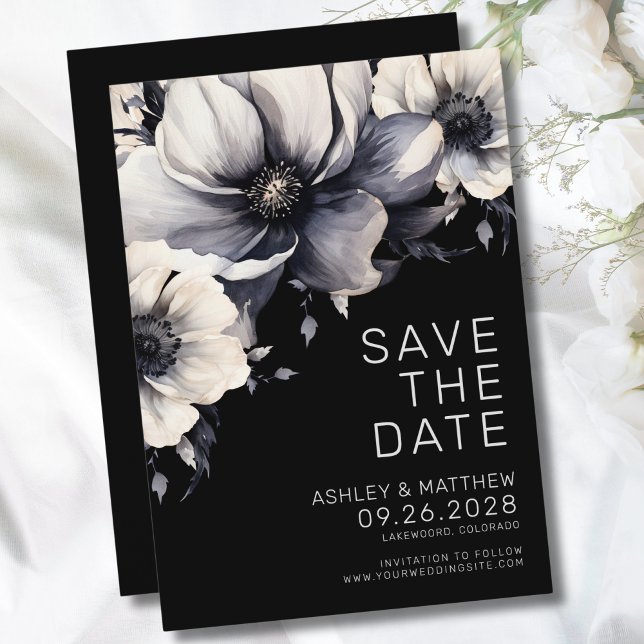 Reserve A Data Casamento Floral Preto Moderno Elegante (Botanical Modern Elegant Black Floral Wedding Save The Date)