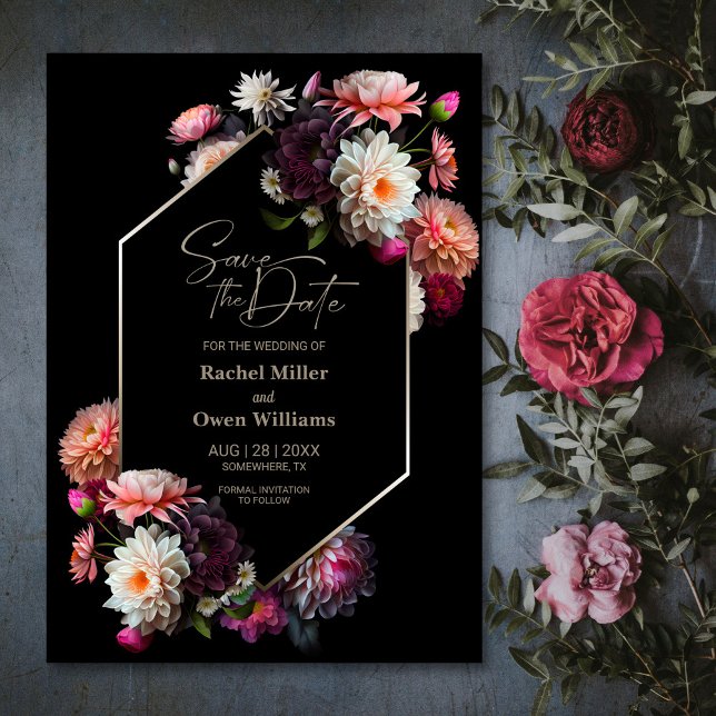 Reserve A Data Casamento Floral Preto Moderno Salve a Data (Criador carregado)