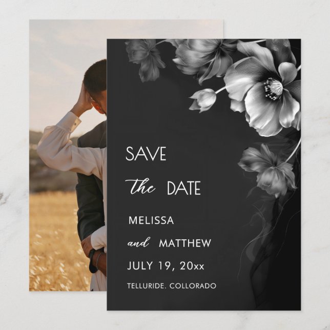 Reserve A Data Casamento Floral Preto Prata (Frente/Verso)