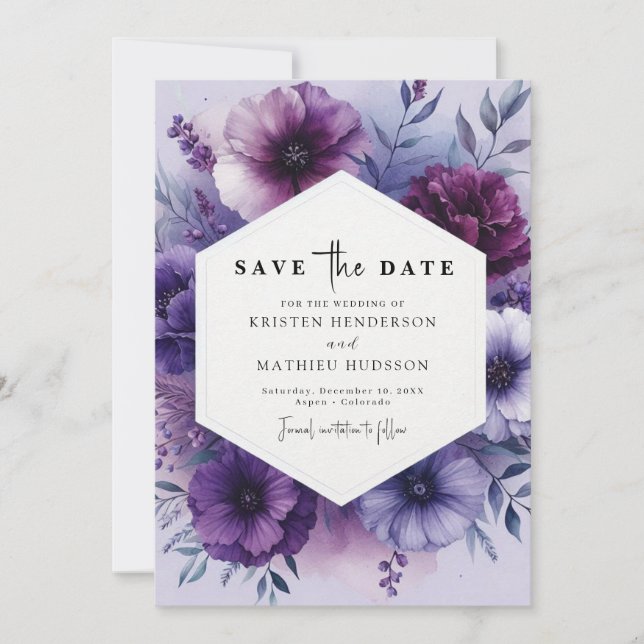 Reserve A Data Casamento Floral Purple Foto Whimsical (Frente)