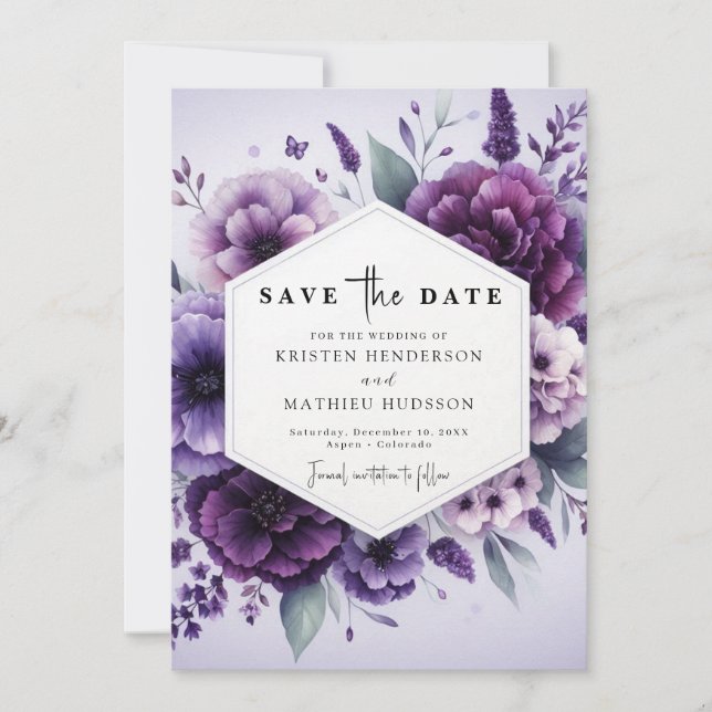 Reserve A Data Casamento Floral Púrpura Digital Chic (Frente)