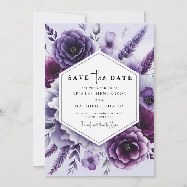Reserve A Data Casamento Floral Púrpura Imprimível (Frente)