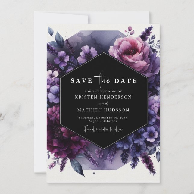 Reserve A Data Casamento Floral Púrpura Imprimível Bloom (Frente)