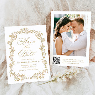 Reserve A Data Casamento Floral QR Code Vitoriano em Ouro Elegant