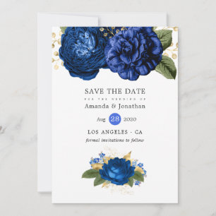 Reserve A Data Casamento Floral Real Azul e Dourado Vintage