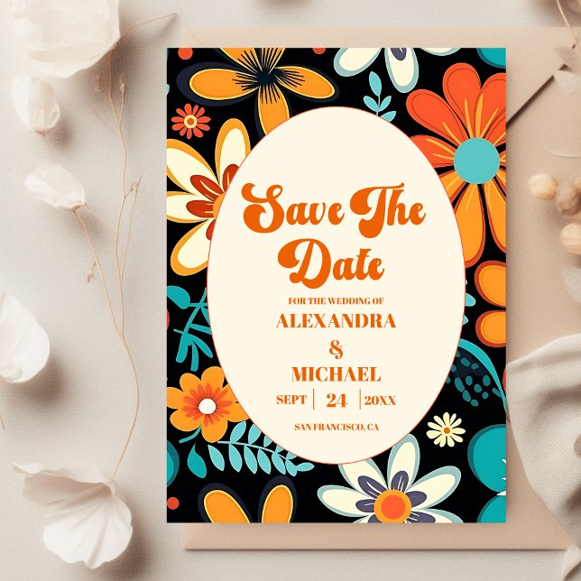 Reserve A Data Casamento Floral Retro Boho dos Anos 70 (Criador carregado)