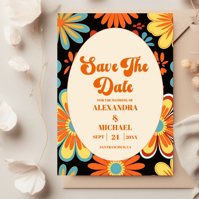 Reserve A Data Casamento Floral Retro Groovy  (Criador carregado)