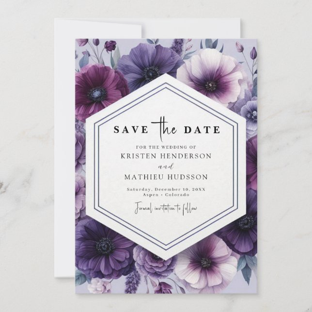Reserve A Data Casamento Floral Romântico com Púrpura Chic (Frente)