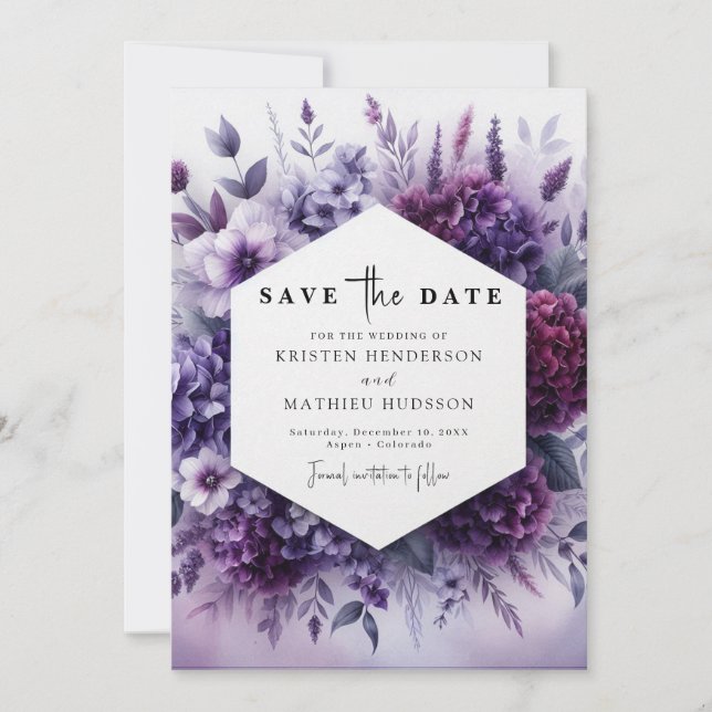 Reserve A Data Casamento Floral Romântico com Púrpura de Aquarela (Frente)