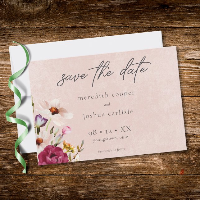 Reserve A Data Casamento Floral Romântico no Jardim com Bege e Bo (Romantic Burgundy Blush Floral Garden Wedding Save The Date)