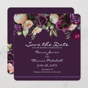 Reserve A Data Casamento Floral Romântico - Roxo Escuro