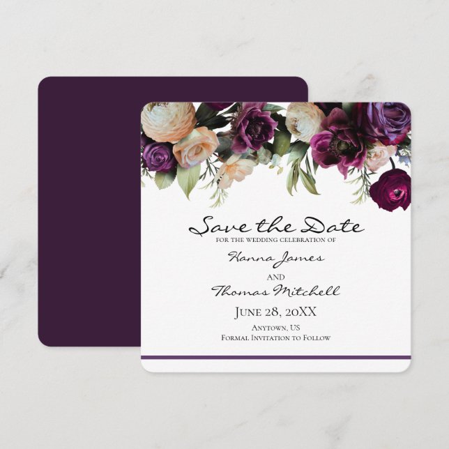 Reserve A Data Casamento Floral Romântico - Roxo Escuro (Frente/Verso)
