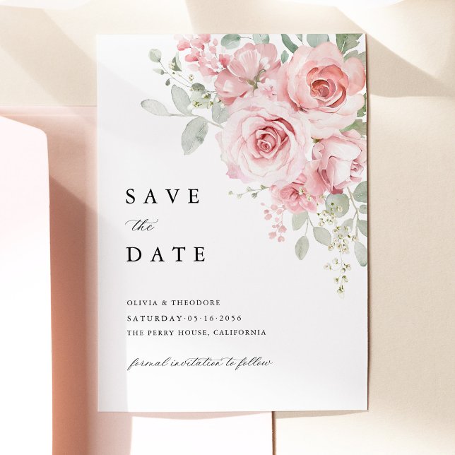 Reserve A Data Casamento Floral Rosa Bege (Blush Rose Floral Save the Date Card, Watercolor Blush Pink Rose Wedding Announcement Card)