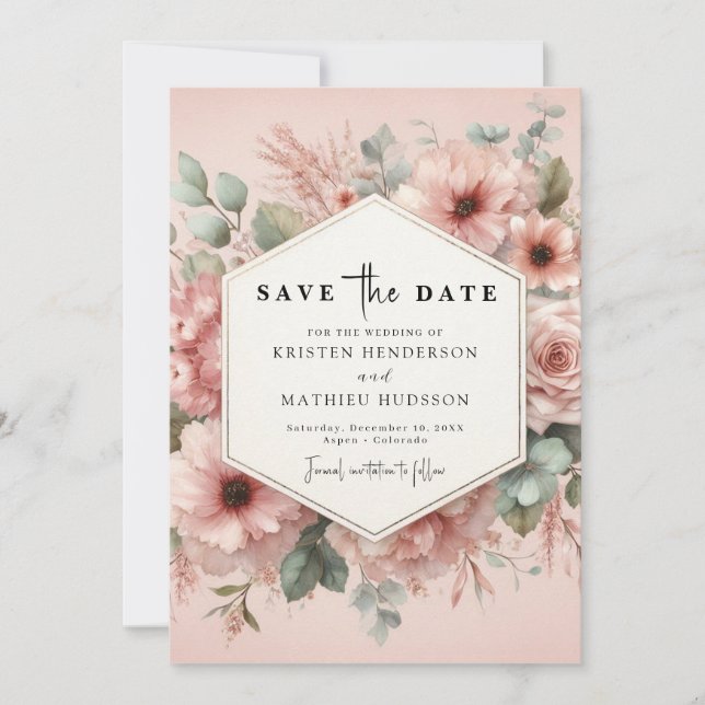 Reserve A Data Casamento Floral Rosa Botânico Russo (Frente)
