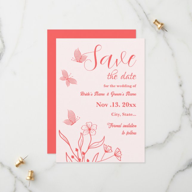 Reserve A Data Casamento floral rosa-coral elegante romântico (Frente/Verso In Situ)