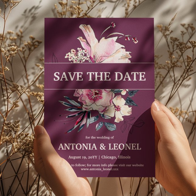 Reserve A Data Casamento Floral Rosa de ameixa Salve a data (Criador carregado)