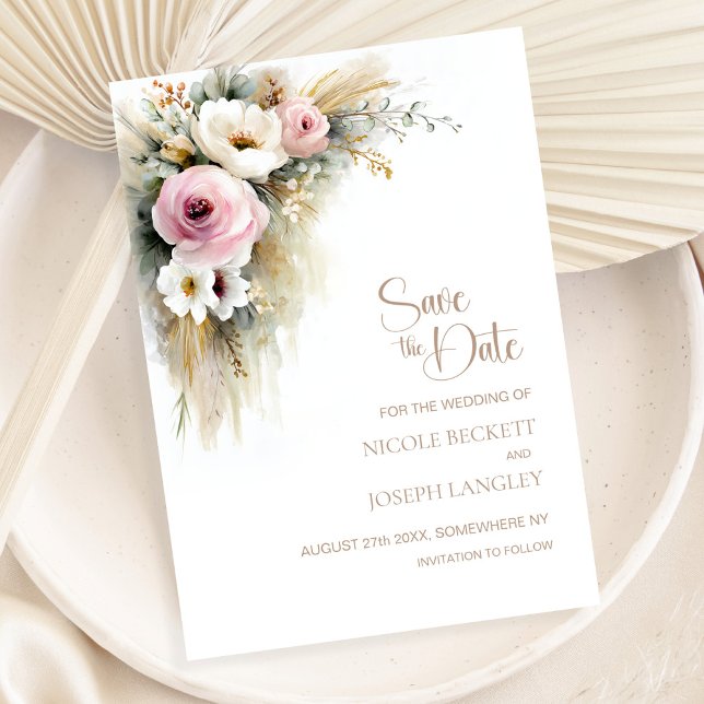 Reserve A Data Casamento Floral Rosa e Branco Rústico Salve a Dat (Criador carregado)