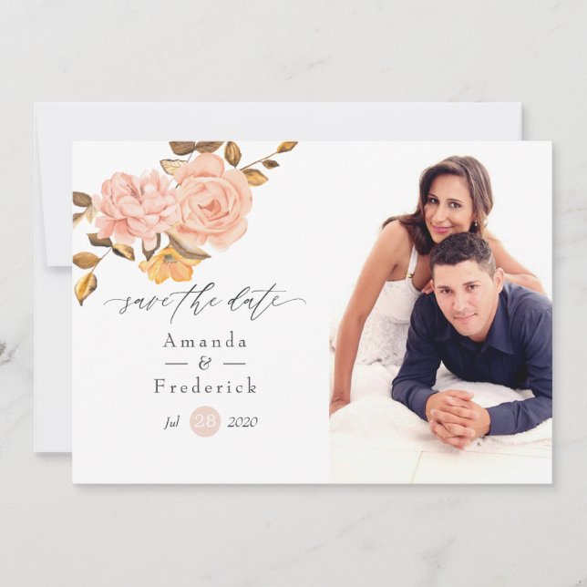 Reserve A Data Casamento Floral Rosa e Dourado em Aquarela (Frente)