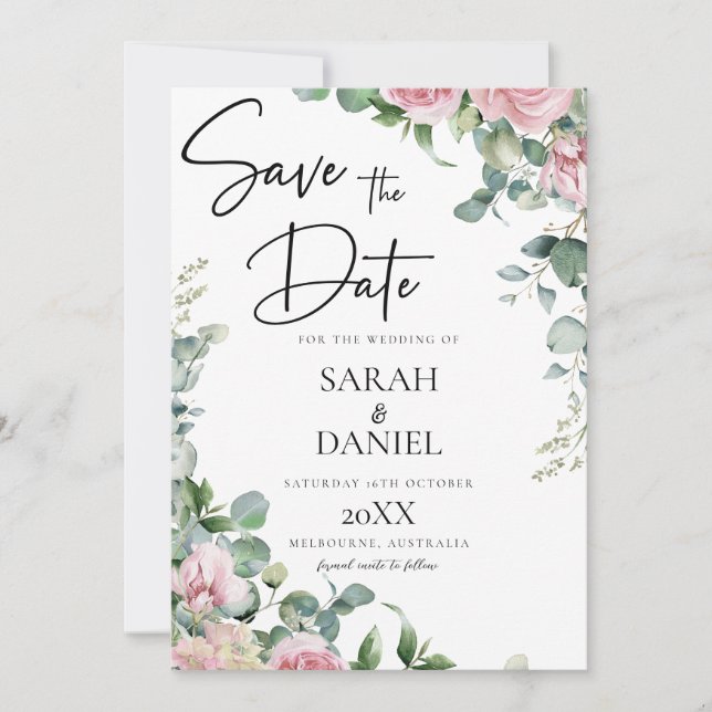 Reserve A Data Casamento Floral Rosa em Aquarela (Frente)
