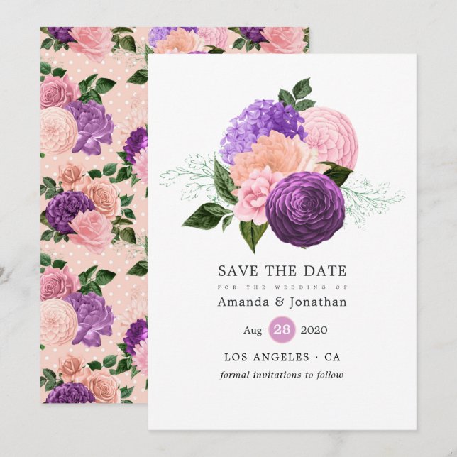 Reserve A Data Casamento Floral Rosa Pêssego e Lavanda Roxo (Frente/Verso)