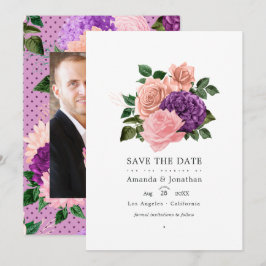 Reserve A Data Casamento Floral Rosa Pêssego e Lilás Roxo