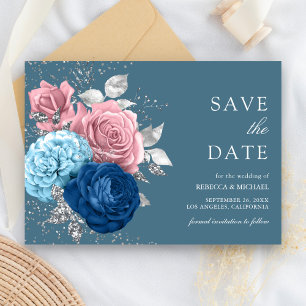 Reserve A Data Casamento Floral Rosa Prata Azul Empoeirado