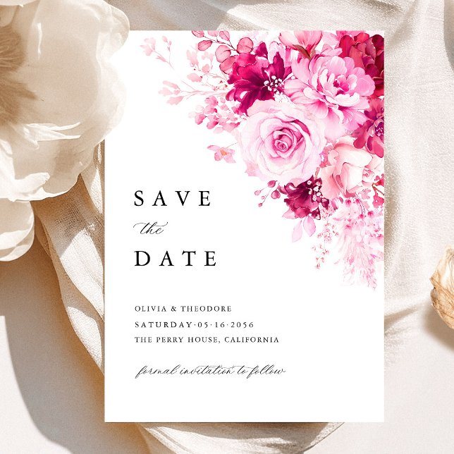 Reserve A Data Casamento Floral Rosa Quente (Hot Pink Floral Save the Date Card, Fuchsia Rose Wedding Announcement Card, Elegant Garden Wedding)
