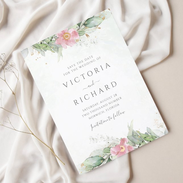 Reserve A Data Casamento Floral Rosa-Rosa-Dourado Botânico (Criador carregado)