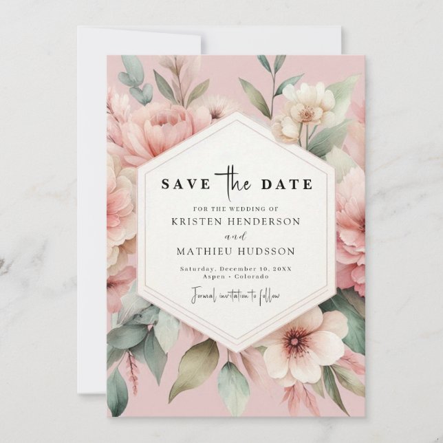 Reserve A Data Casamento Floral Rosa-Rosa Russo (Frente)