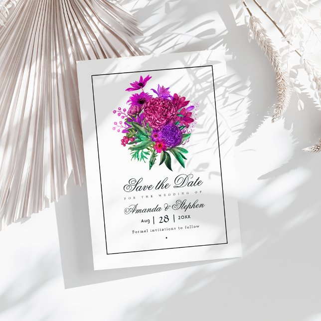 Reserve A Data Casamento Floral Rosa Velho e Roxo (Vintage Fuchsia and Purple Floral Wedding Save The Date)