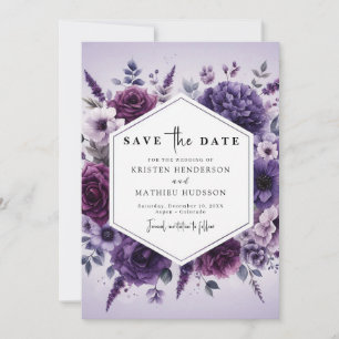 Reserve A Data Casamento Floral Roxo Botânico Moderno