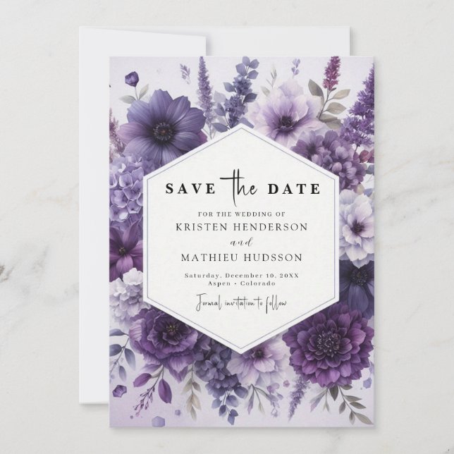 Reserve A Data Casamento Floral Roxo das Florais Modernas (Frente)